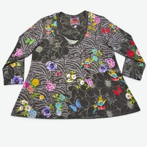 Johnny Was Favorite Tee Womens Medium Floral Hummingbird Zebra 3/4 Slv T18522-7